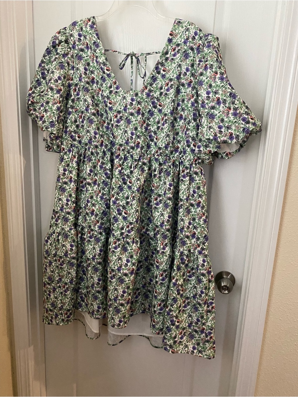 English Factory Floral Tiered Dress in Cream, Green & Purple